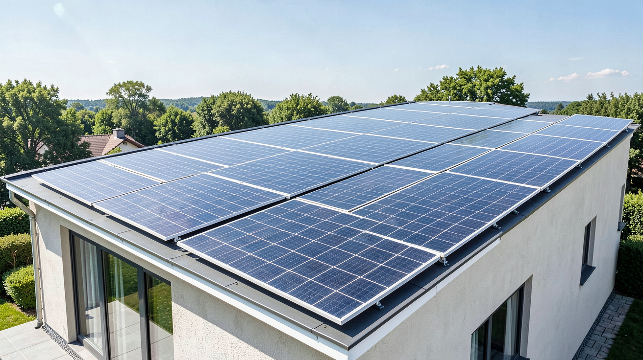 panneaux photovoltaïques autoconsommation installés sur le toit d'une habitation moderne sous un soleil radieux