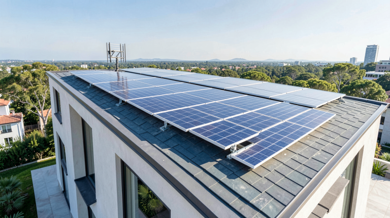 panneaux photovoltaïques autoconsommation installés sur la toiture d'une maison moderne sous un ciel clair