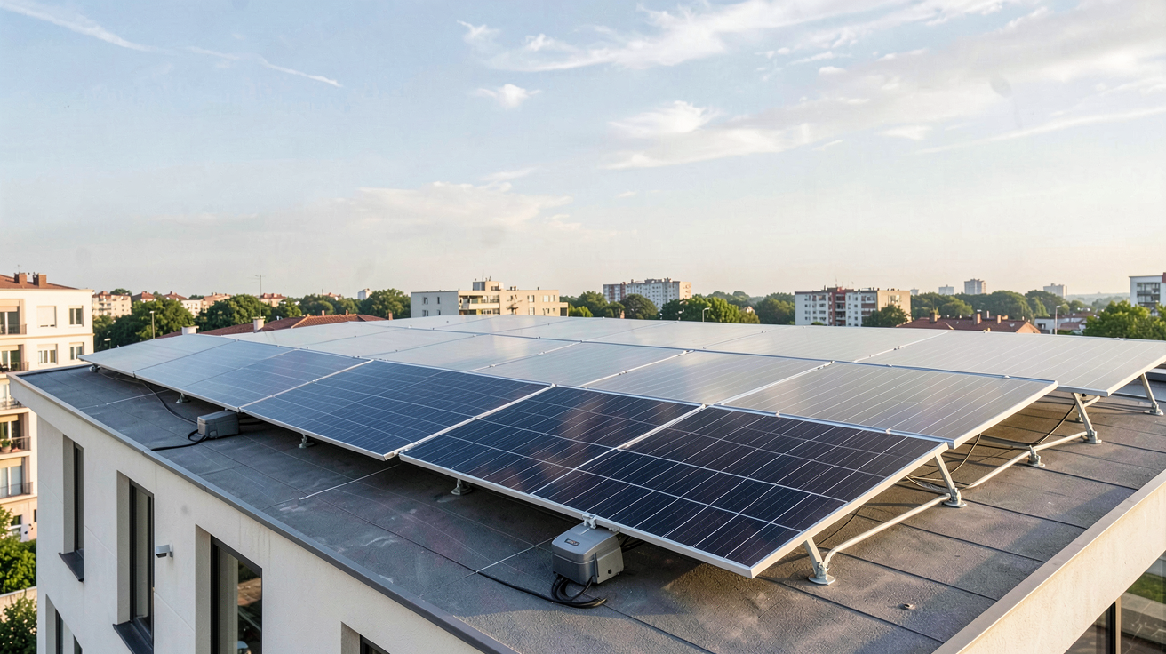 panneaux photovoltaïques en autoconsommation totale installés sur le toit d'une maison urbaine moderne