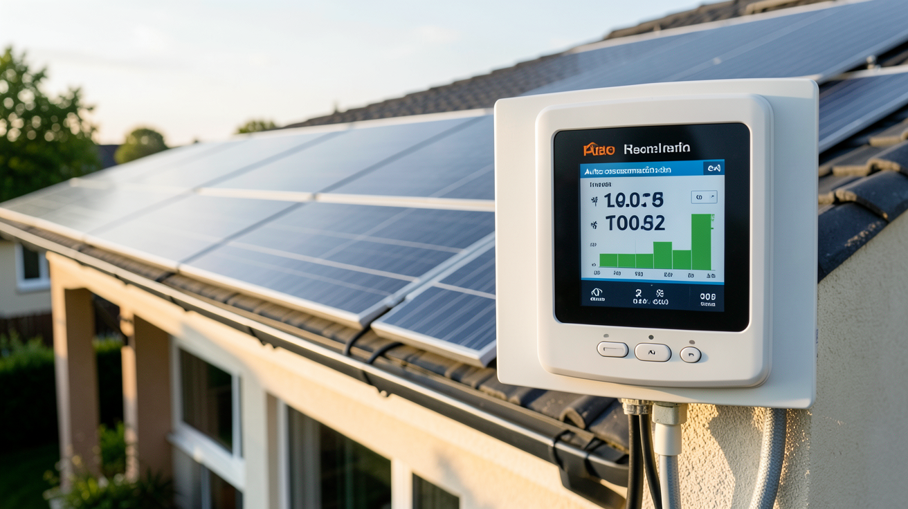 panneaux photovoltaïques sur toit de maison avec compteur affichant autoconsommation totale