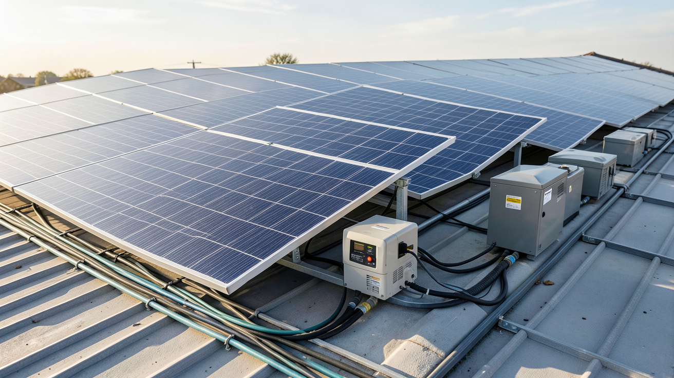 panneaux photovoltaïques autonome illustrant le fonctionnement d'une installation solaire autonome avec panneaux, onduleur, batteries et régulateur