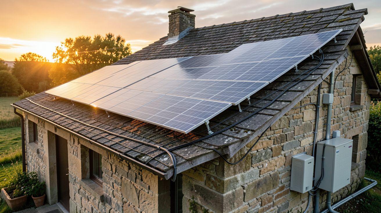 panneaux photovoltaïques autonome installés sur le toit d'une maison rurale en pierre avec système de batteries de stockage