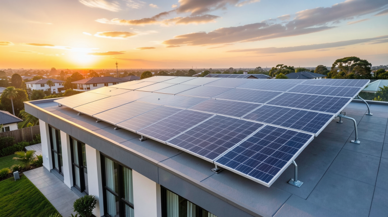 panneaux photovoltaïques autonome installés sur le toit d'une maison contemporaine