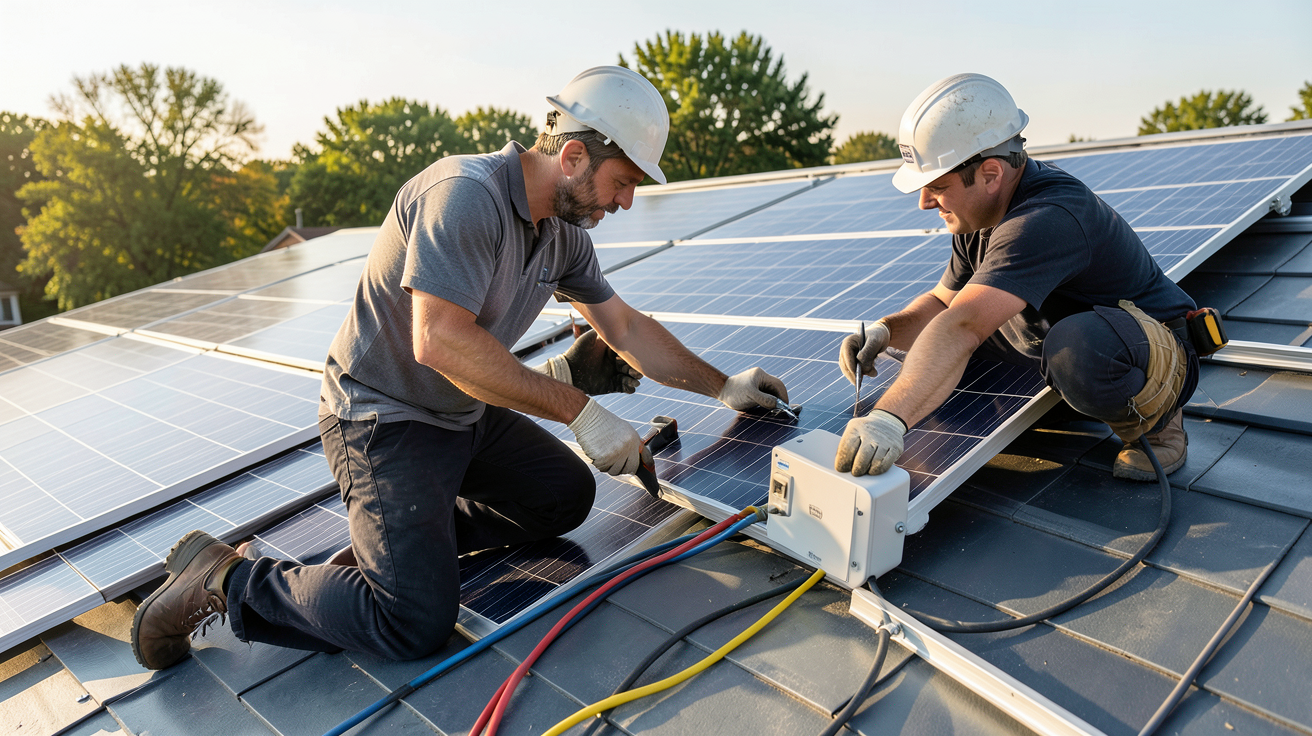 panneaux photovoltaïques avec onduleur intégré lors des étapes d'installation sur un toit