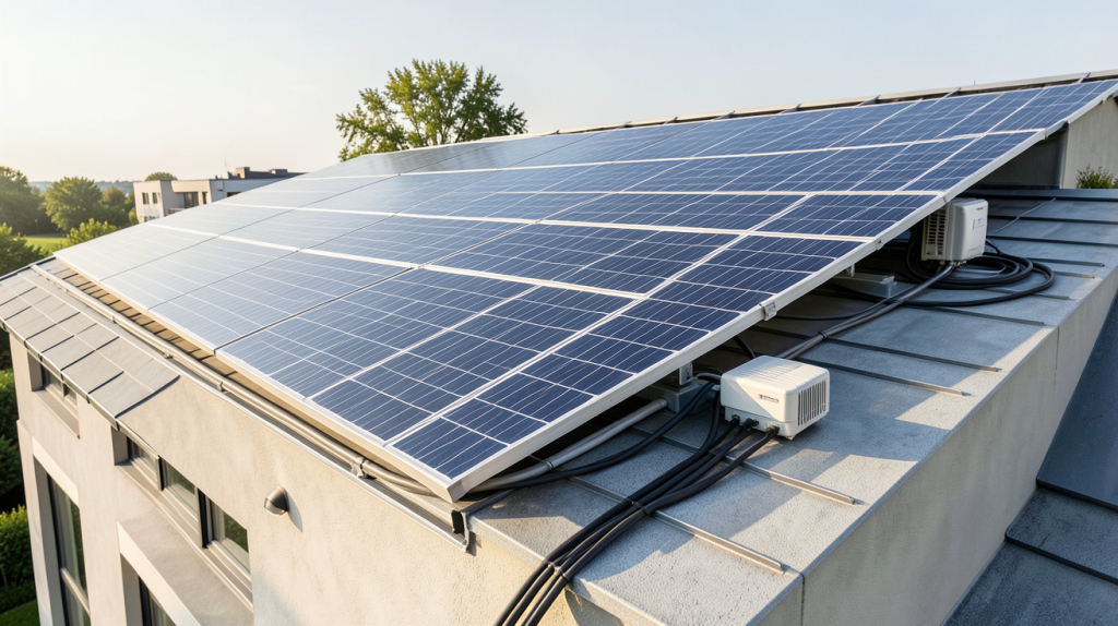 panneaux photovoltaïques avec onduleur intégré installés sur le toit d'une maison moderne