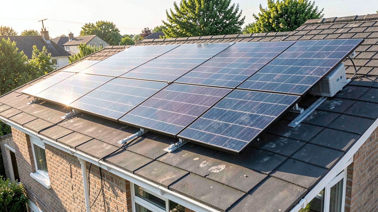 panneaux photovoltaïques avec stockage batterie sur toit de maison individuelle