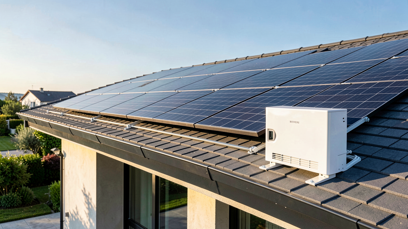 panneaux photovoltaïques avec stockage d'un kit solaire installé sur le toit d'une maison moderne