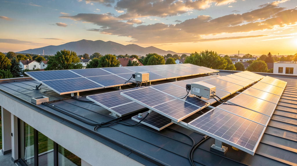 panneaux photovoltaïques avec stockage installés sur le toit d'une maison contemporaine