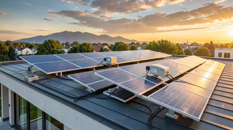 panneaux photovoltaïques avec stockage installés sur le toit d'une maison contemporaine