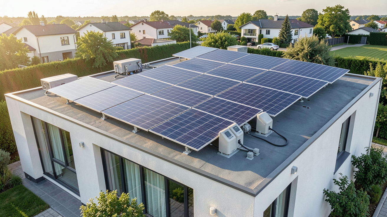 panneaux photovoltaïques avec stockage installés sur le toit d'une maison individuelle moderne