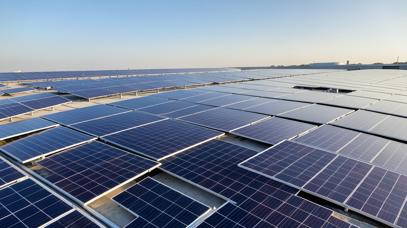 panneaux photovoltaïques bifaciaux installés sur un toit plat avec vue de leur face arrière réfléchissante