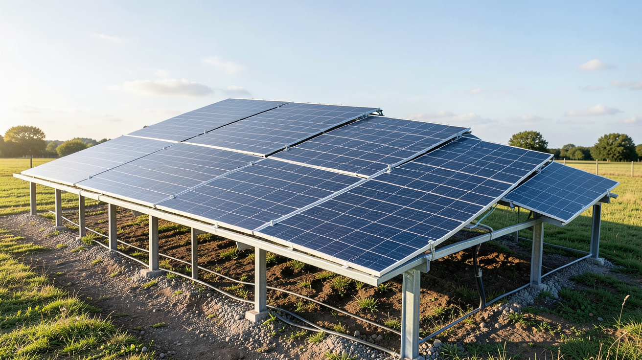 panneaux photovoltaïques bifaciaux en cours d'installation sur un toit incliné et au sol avec structure métallique
