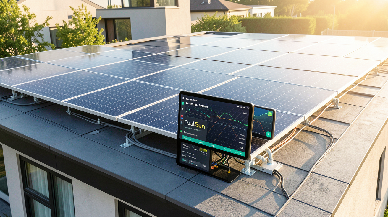 panneaux photovoltaïques DualSun Flash installés sur le toit d'une maison avec écran de mesure du rendement électrique