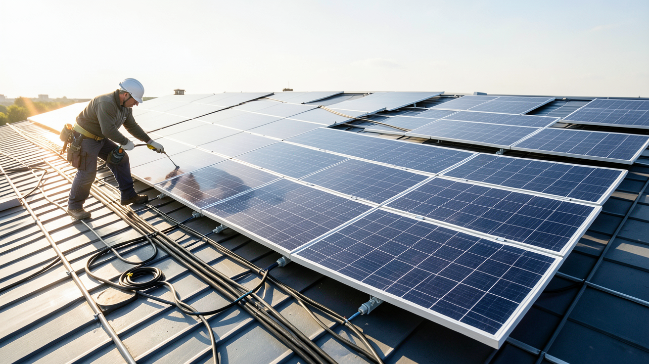 panneaux photovoltaïques DualSun en cours d'installation sur un toit résidentiel