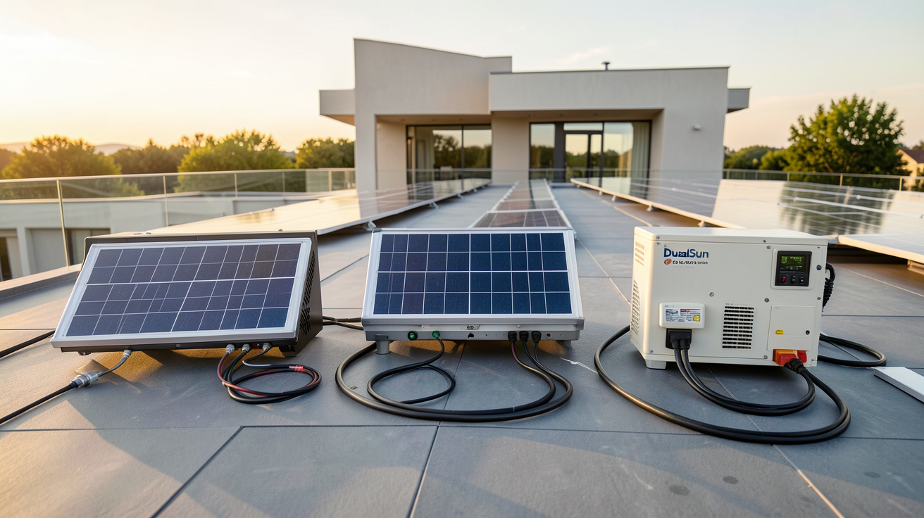 panneaux photovoltaïques DualSun présentant trois types de kits solaires (photovoltaïque, hybride et plug & play) installés sur un toit