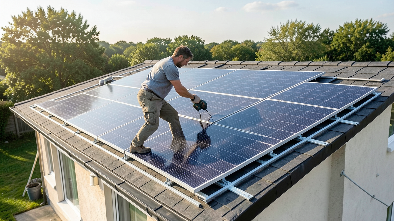 panneaux photovoltaïques EDF en cours d'installation sur un toit de maison avec technicien en action