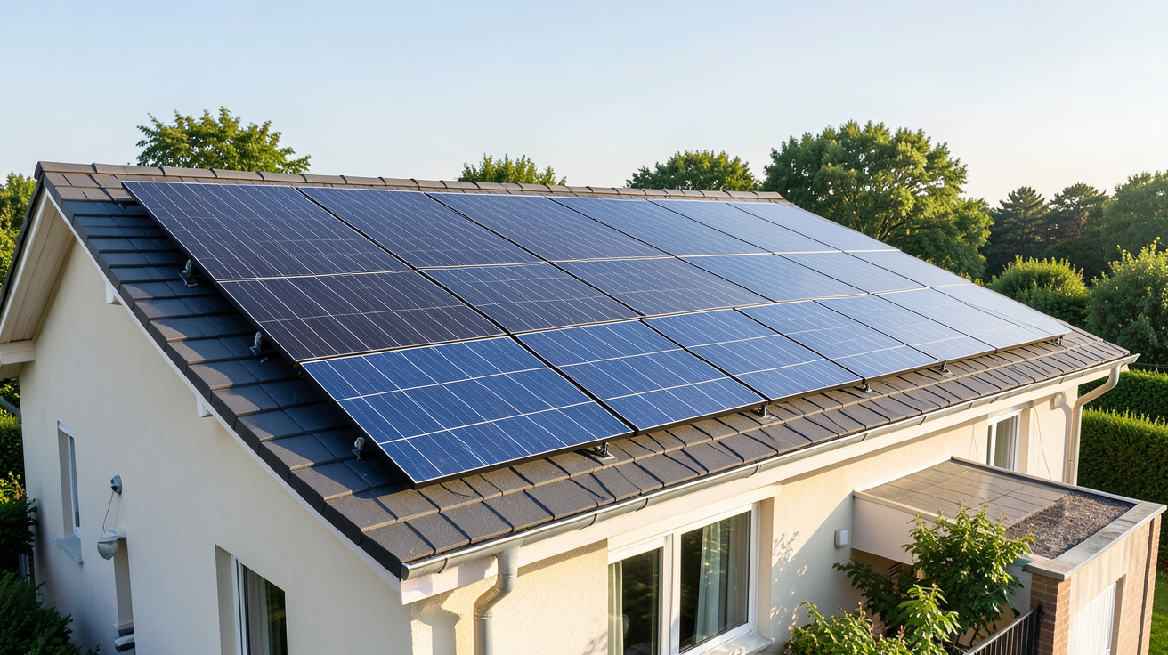 panneaux photovoltaïques EDF montrant les différentes offres disponibles : modèles noirs, bleus et intégrés au toit d'une maison