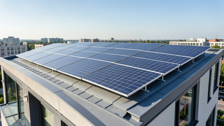 panneaux photovoltaïques EDF installés sur le toit d'une maison urbaine moderne sous un ciel dégagé
