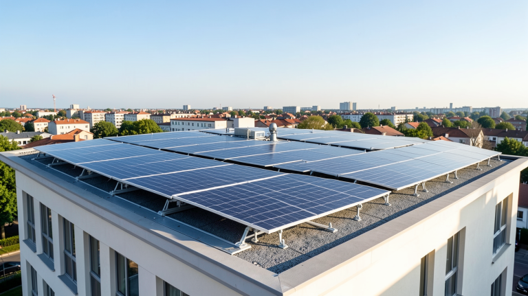 panneaux photovoltaïques en copropriété installés sur le toit d'un immeuble urbain