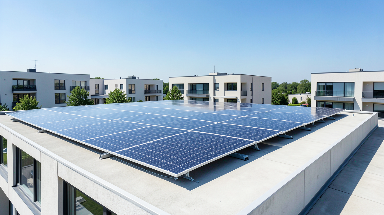 panneaux photovoltaïques en copropriété installés sur le toit d'un immeuble résidentiel moderne