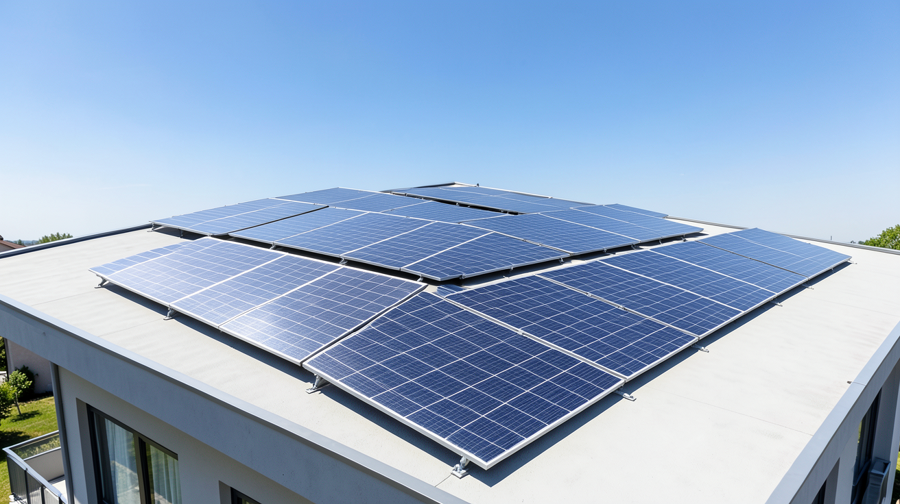 panneaux photovoltaïques en copropriété installés sur le toit d'un bâtiment résidentiel contemporain.