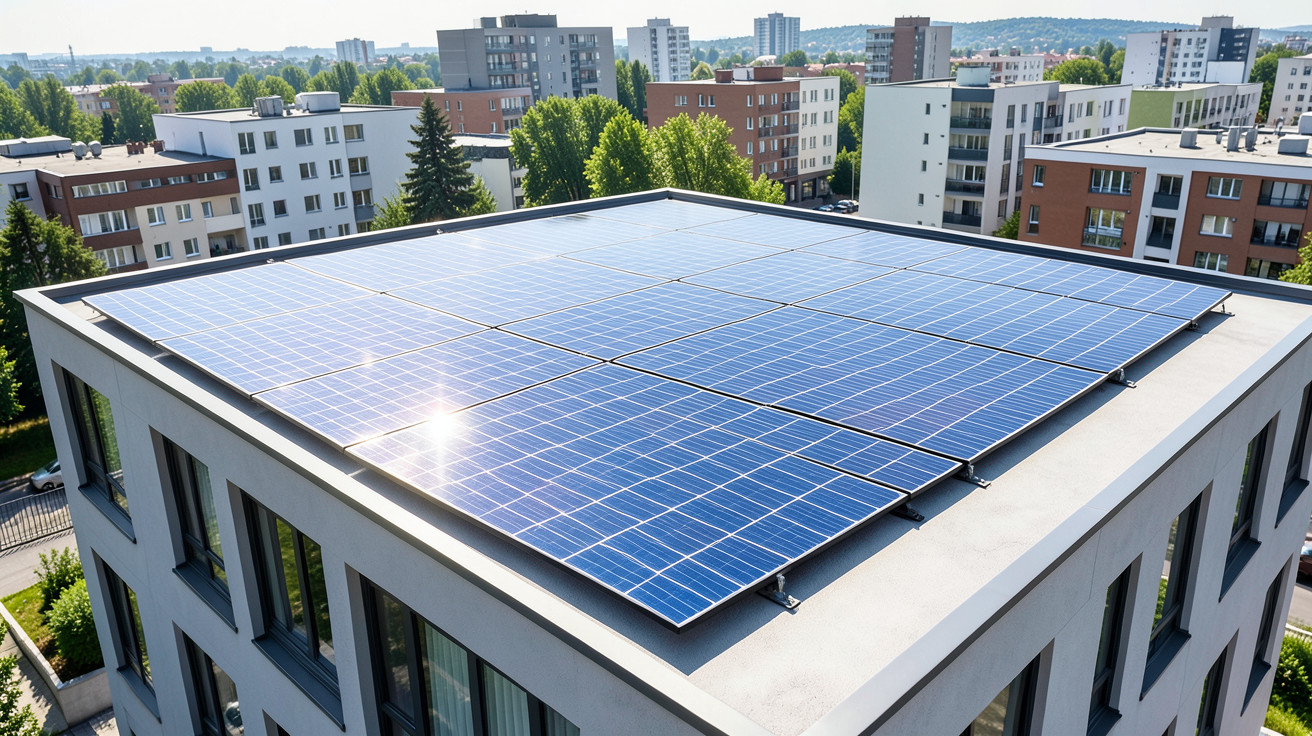 panneaux photovoltaïques en copropriété installés sur le toit d'un immeuble d'appartements