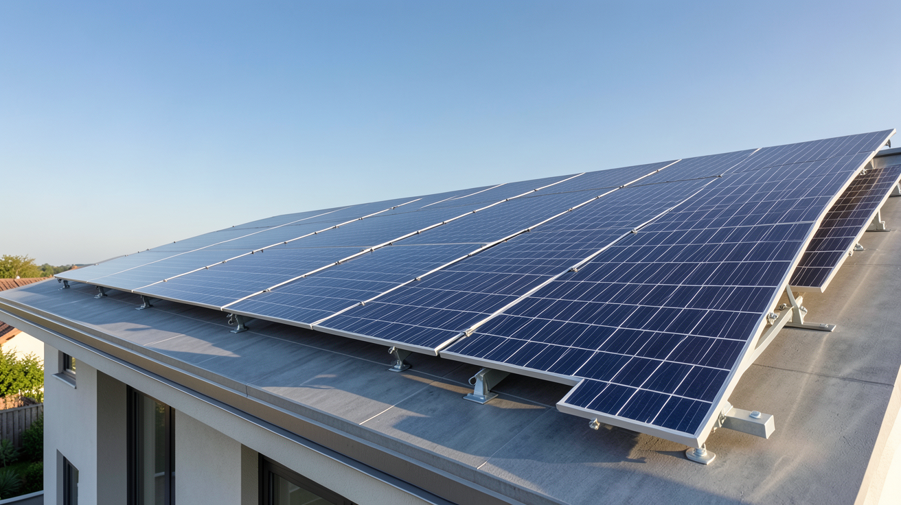 panneaux photovoltaïques en surimposition installés sur le toit d'une maison contemporaine