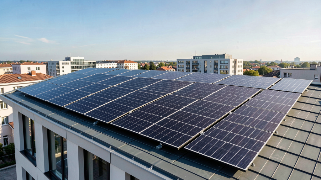 panneaux photovoltaïques Engie installés sur le toit d'une maison urbaine moderne