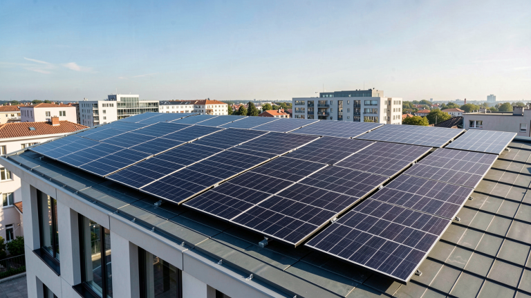 panneaux photovoltaïques Engie installés sur le toit d'une maison urbaine moderne