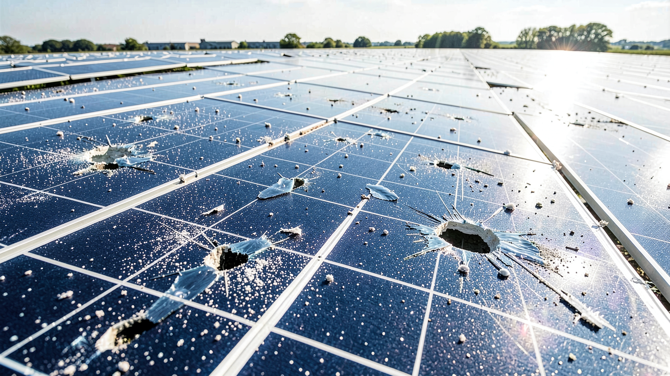 panneaux photovoltaïques et grêle impact de la grêle sur une installation solaire avec des dégâts visibles