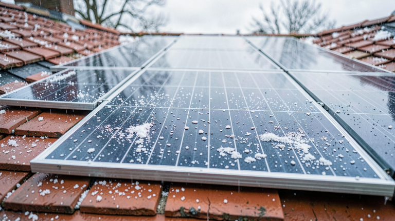 panneaux photovoltaïques et grêle sur un toit de maison rurale