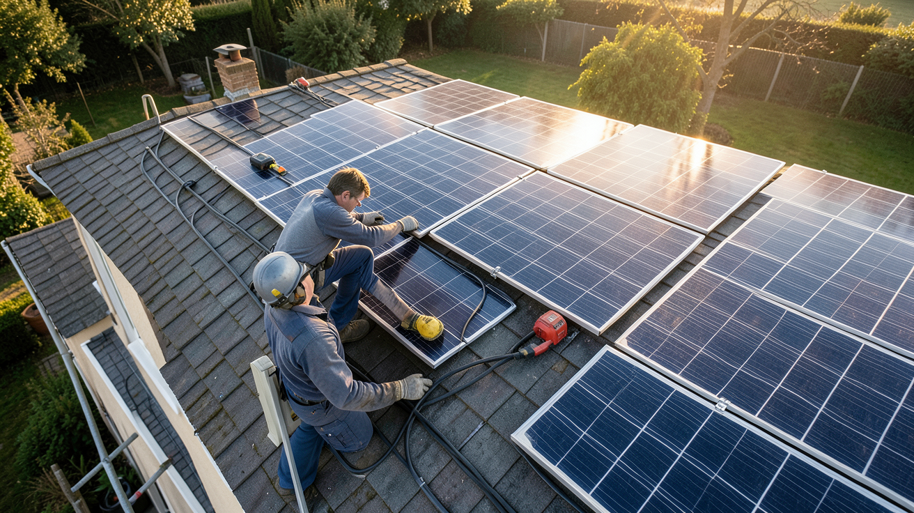 panneaux photovoltaïques lors des étapes d'installation sur un toit de maison individuelle
