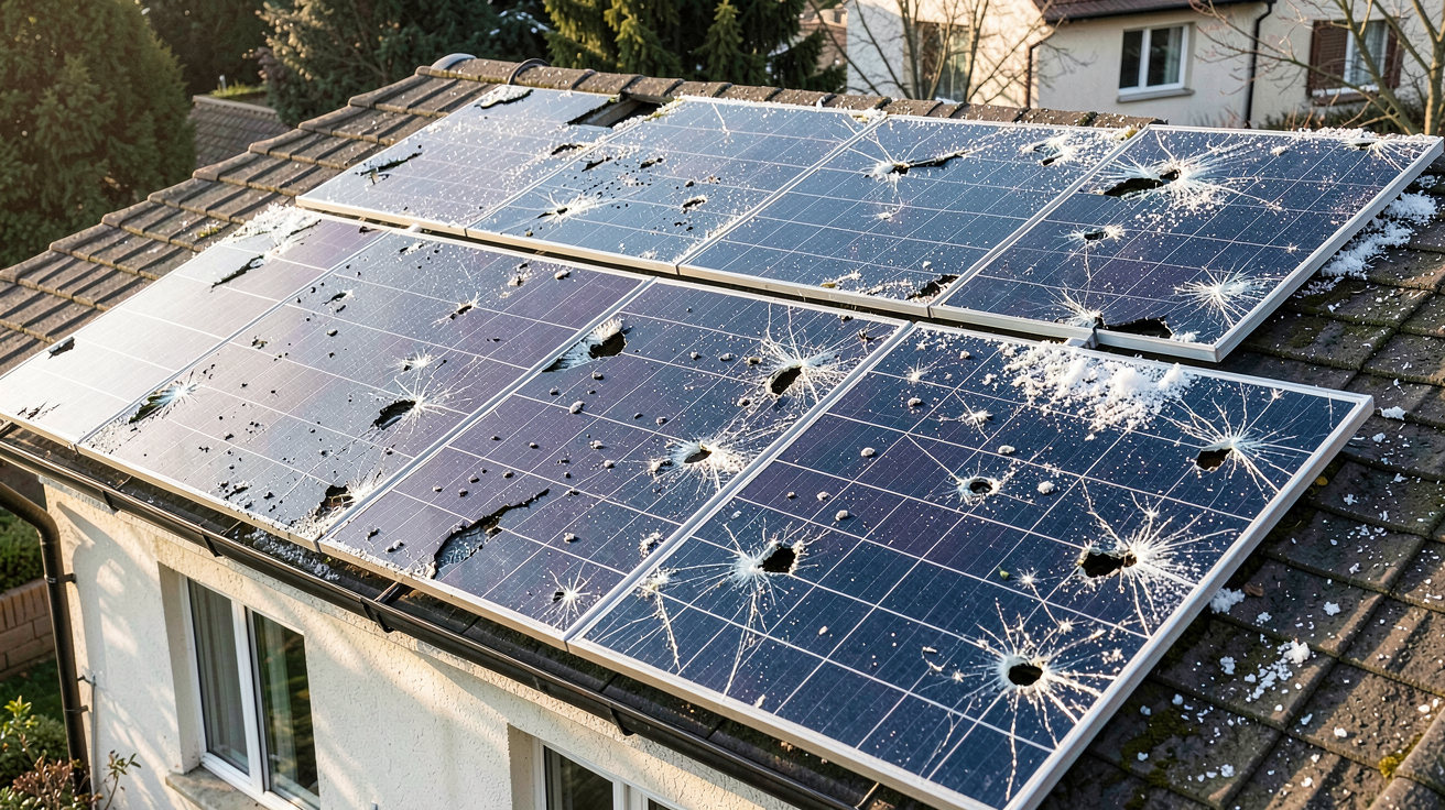 panneaux photovoltaïques endommagés par la grêle sur un toit résidentiel