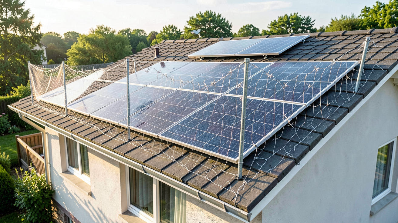 panneaux photovoltaïques protégés par des filets anti-grêle sur le toit d'une maison