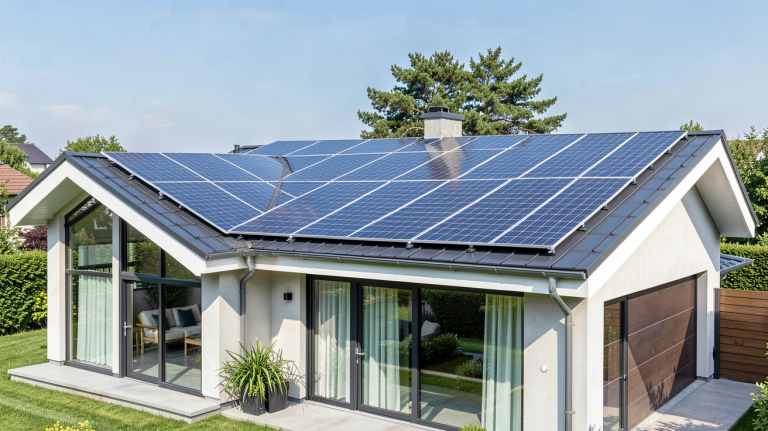 panneaux photovoltaïques grele installés sur le toit d'une maison moderne, capturant la lumière du soleil