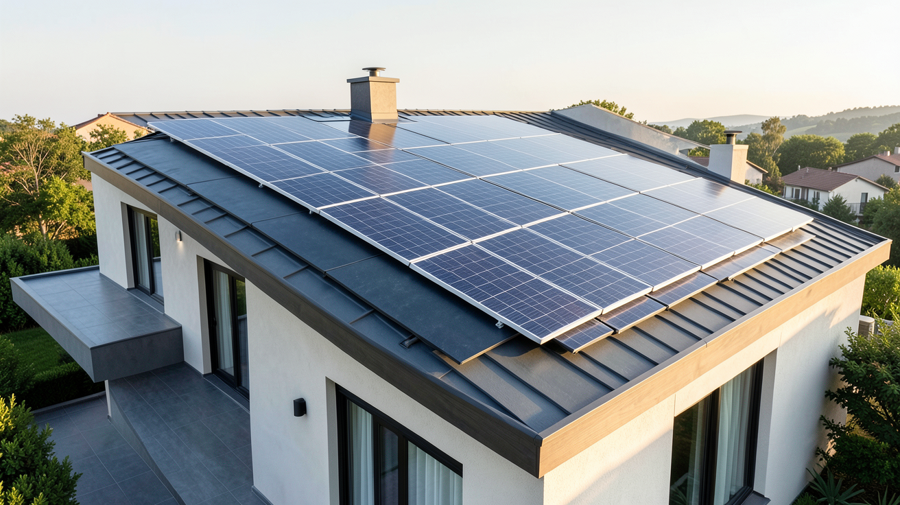 panneaux photovoltaïques intégrés au bâti sur le toit d'une maison moderne