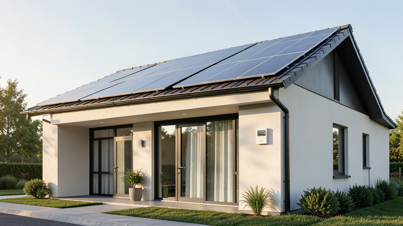 panneaux photovoltaïques intégrés ou superposés sur une maison moderne avec compteur électrique
