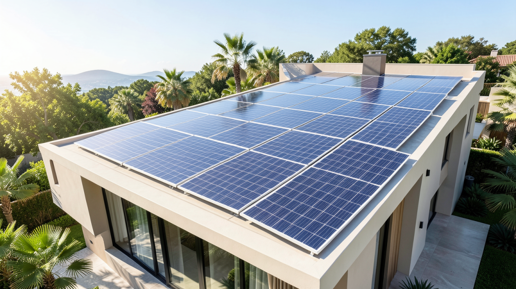 panneaux photovoltaïques intégrés ou superposés installés sur le toit d'une maison moderne