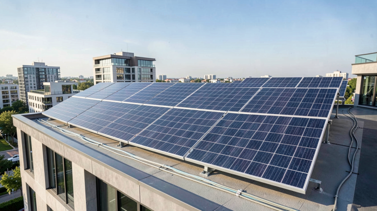 panneaux photovoltaïques installés sur le toit d'une maison urbaine moderne, vue de profil sous un ciel dégagé