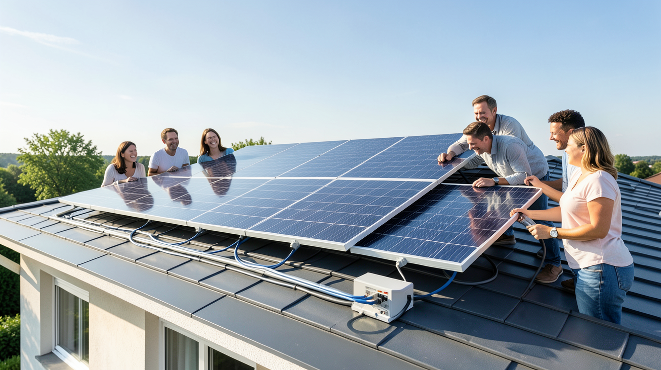 panneaux photovoltaïques MyLight installés sur un toit avec des clients en train de consulter les retours d'expérience