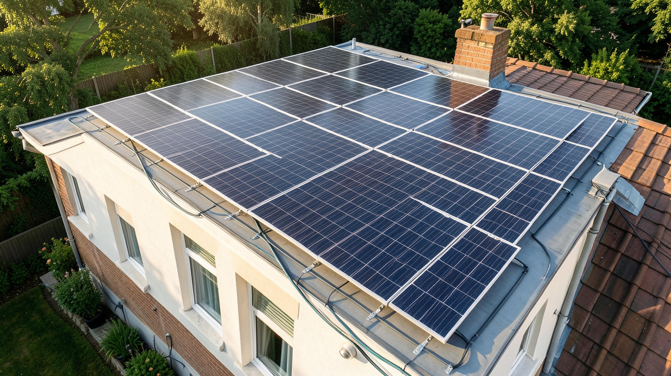 panneaux photovoltaïques MyLight installés sur le toit d'une maison avec prix 2024 visibles en arrière-plan