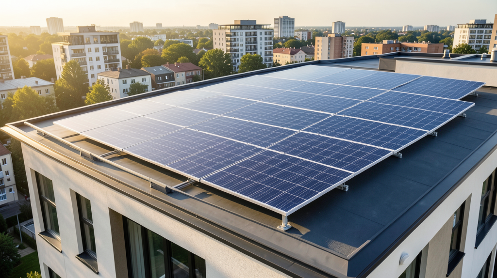 panneaux photovoltaïques nouvelle génération installés sur le toit d'une maison urbaine moderne