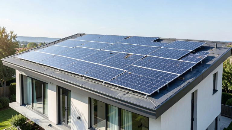 panneaux photovoltaïques nuisances visibles sur le toit d'une maison contemporaine, lumière du jour, rendu ultra réaliste