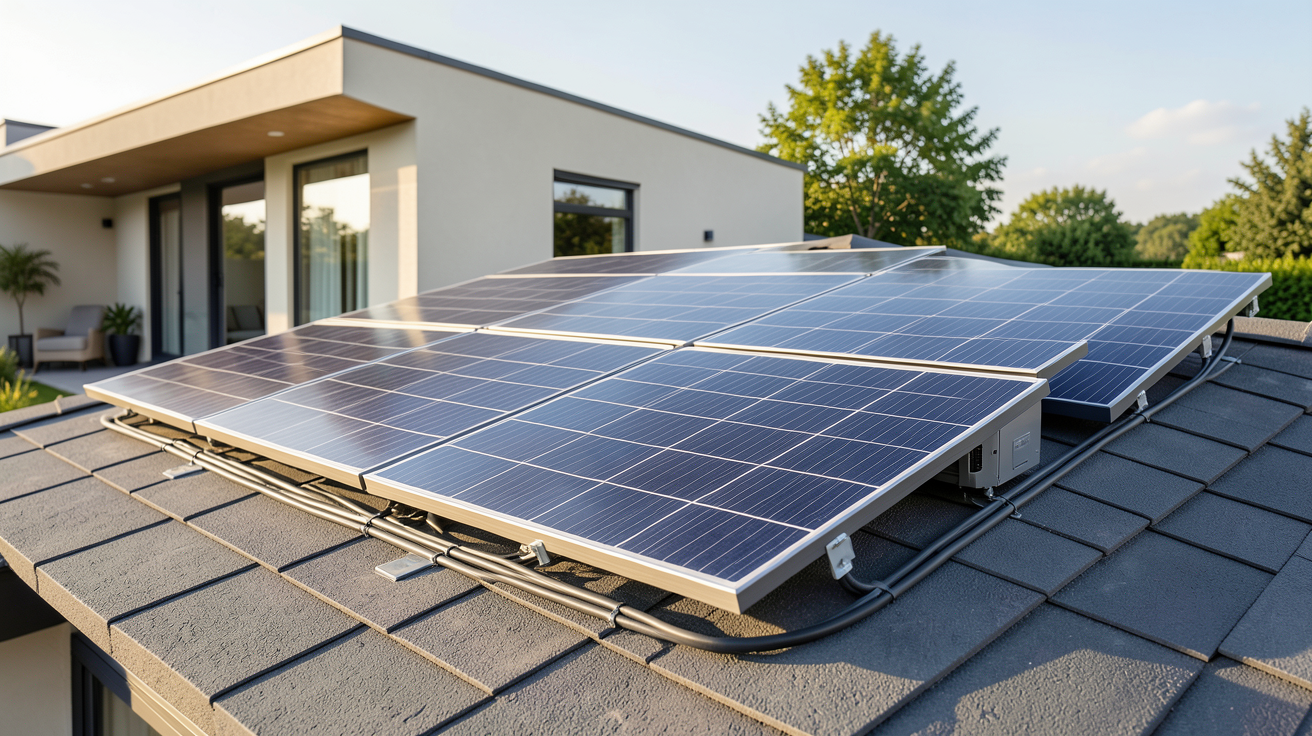 panneaux photovoltaïques avec onduleur intégré installés sur un toit de maison moderne pour un comparatif 2024