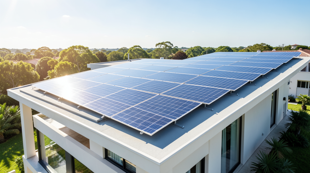 panneaux photovoltaïques ou panneaux solaires installés sur le toit d'une maison moderne.