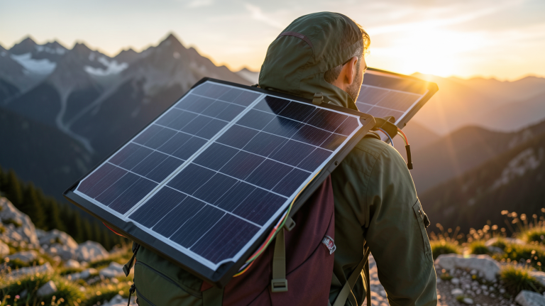 panneaux photovoltaïques portable déployé sur un sac à dos lors d'une randonnée en montagne