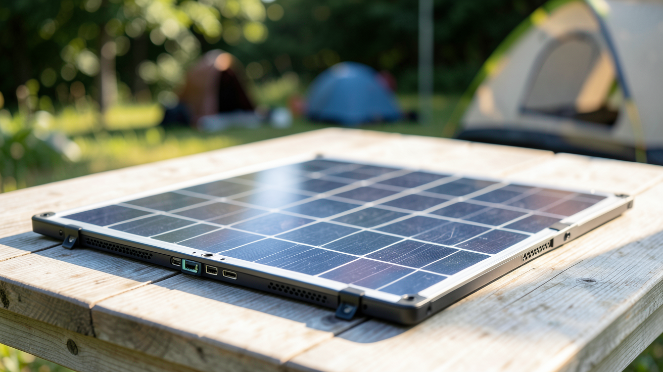 panneaux photovoltaïques portable posés sur une table en bois clair pour un comparatif 2024