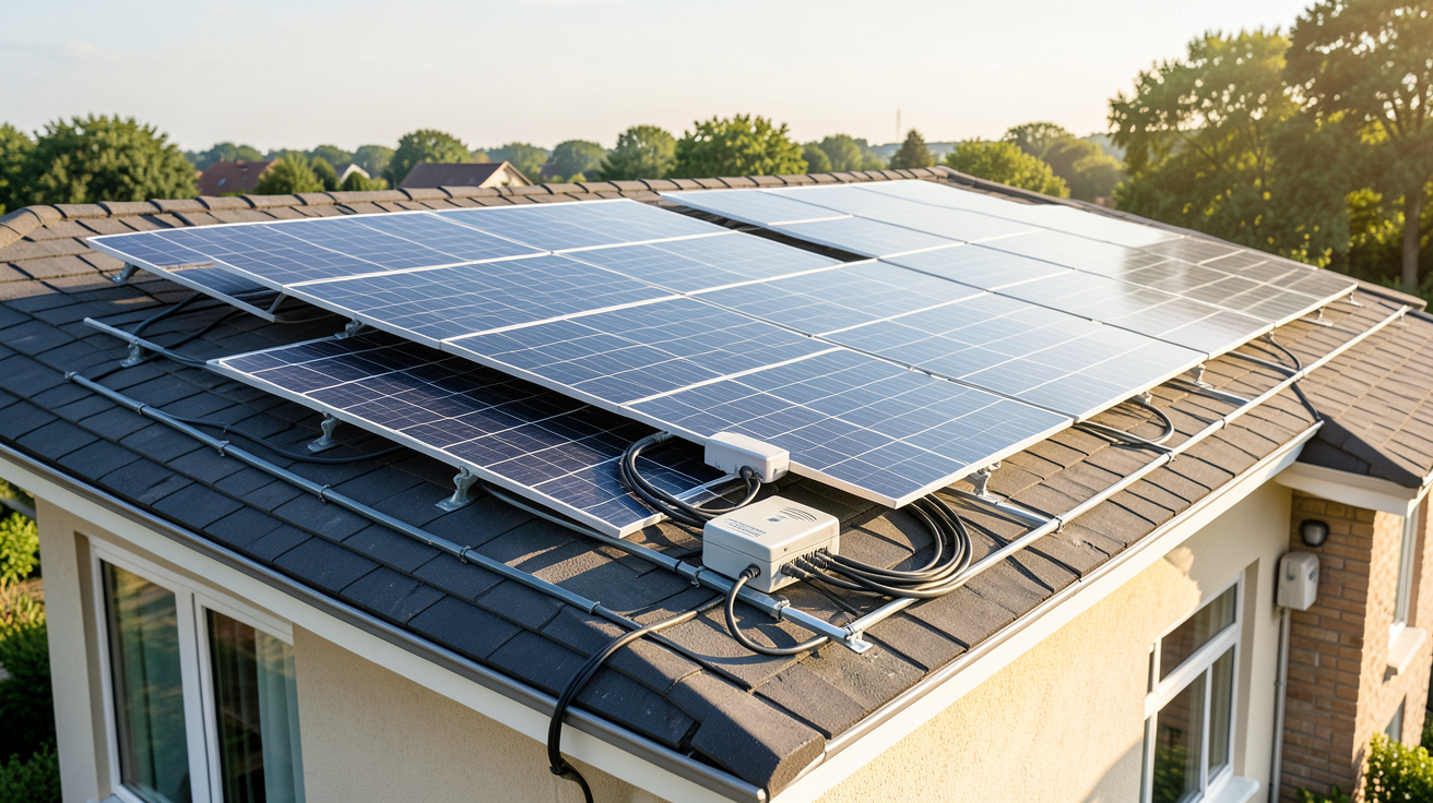 panneaux photovoltaïques pour autoconsommation fonctionnant sur le toit d'une maison avec onduleur et compteur de production