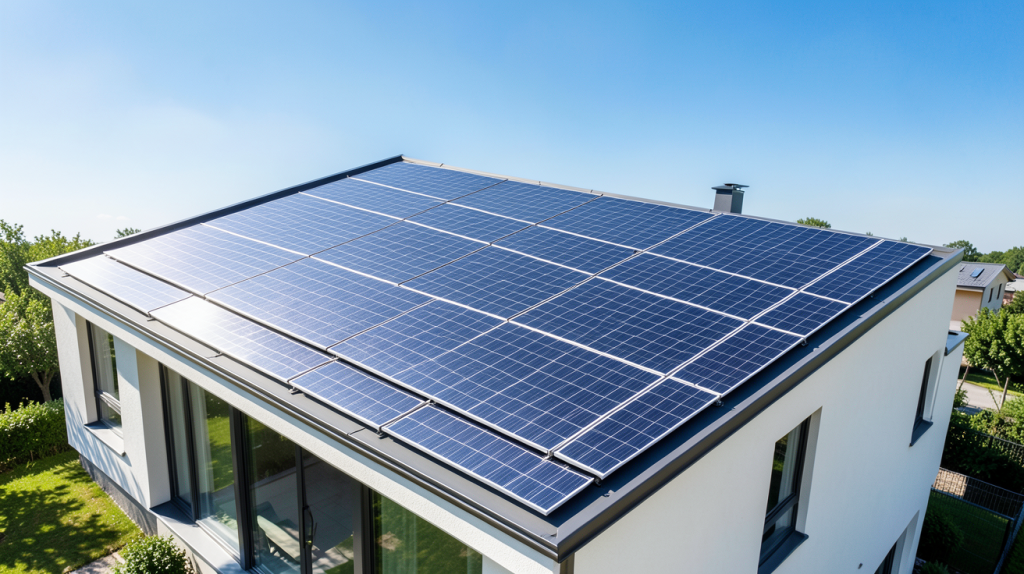 panneaux photovoltaiques pour autoconsommation installés sur le toit d'une maison résidentielle moderne sous un ciel ensoleillé