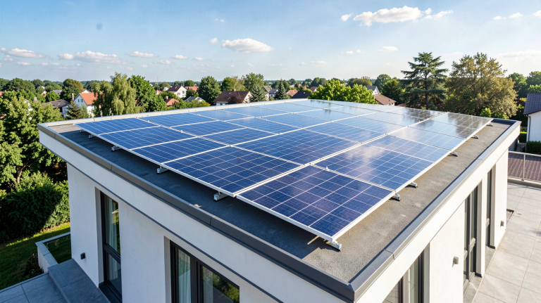 panneaux photovoltaïques prix illustrés par une installation de panneaux solaires sur une toiture résidentielle moderne.